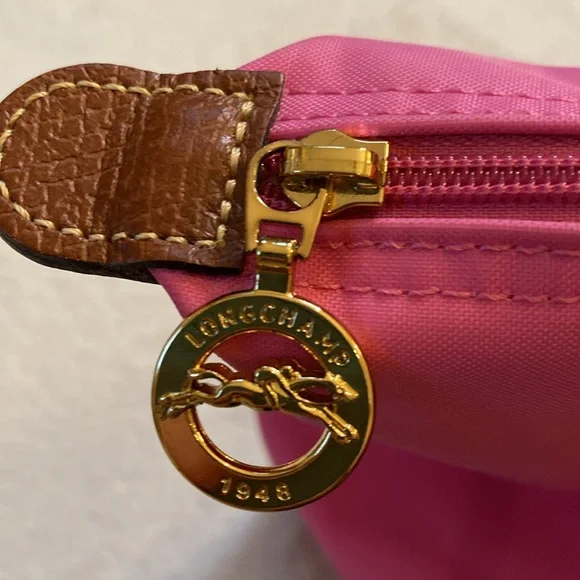 Longchamp Le Pliage small long strap #2605 pink nylon leather tote satchel purse - Picture 9 of 13
